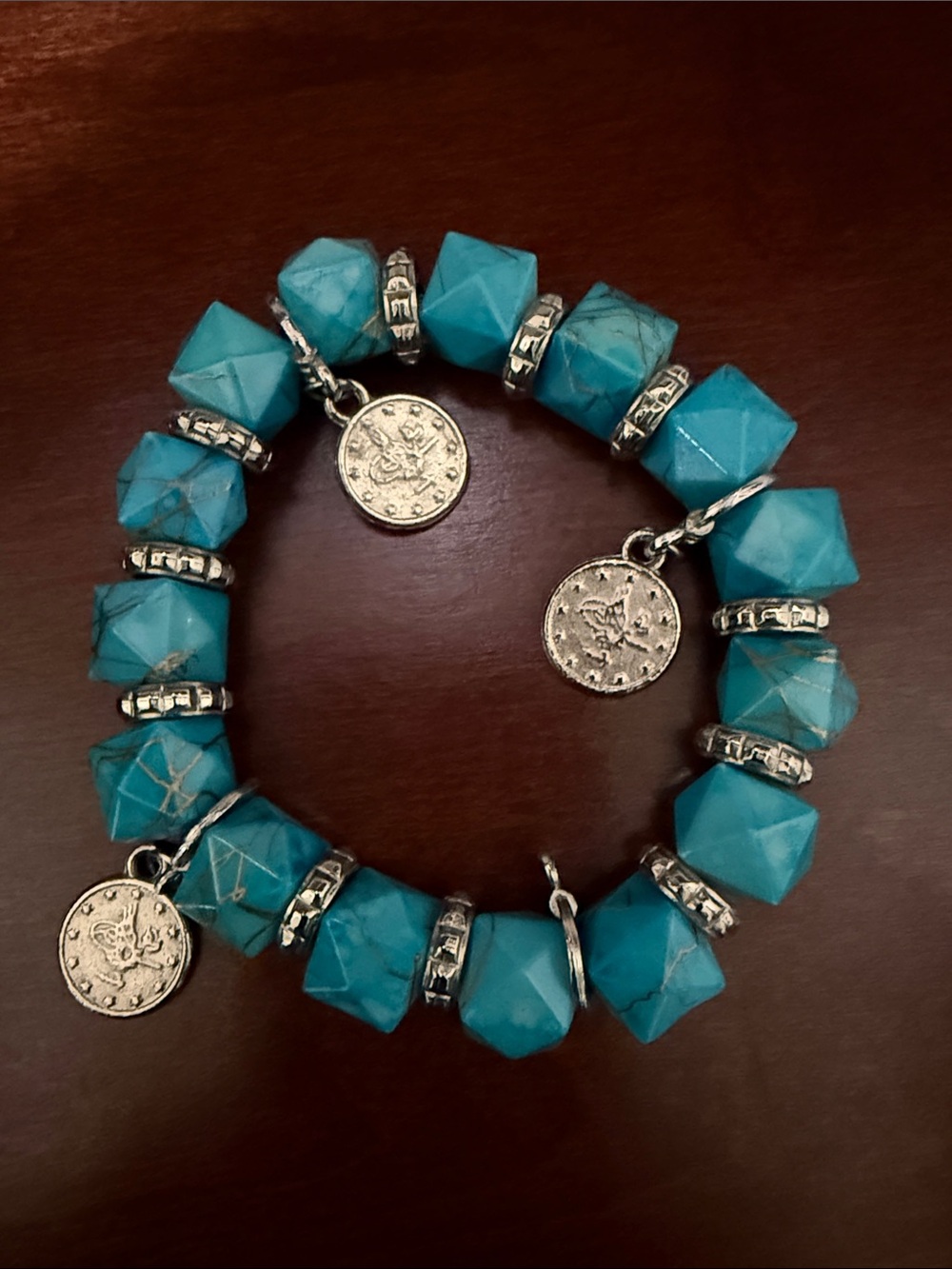 Turquoise Color Beaded Coin Charm Stretch Bracelet
